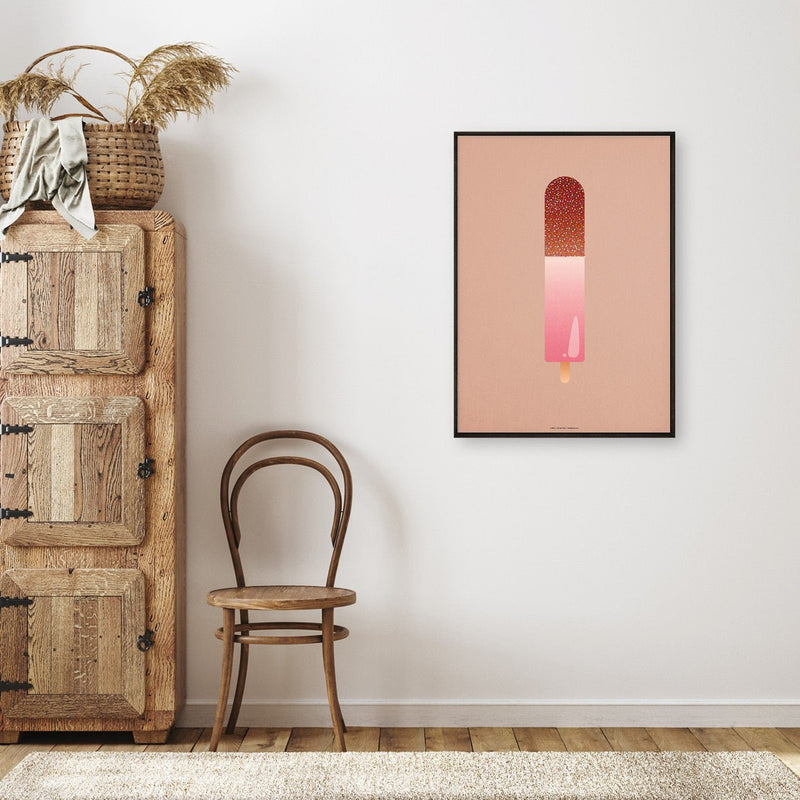 Bright poster art in an earthy grounded hallway with natural textures