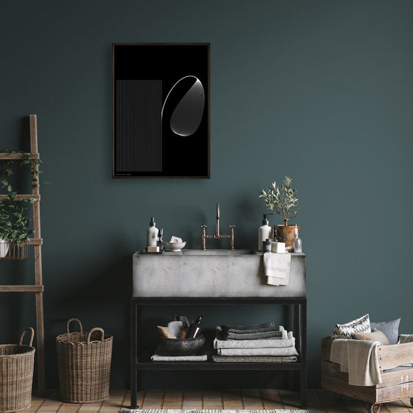 modern dark bathroom interior with a black poster